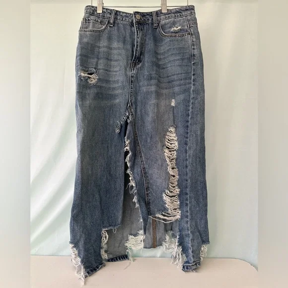 Distressed Denim Jean Skirt Tricot Western Medium - Picture 1 of 8